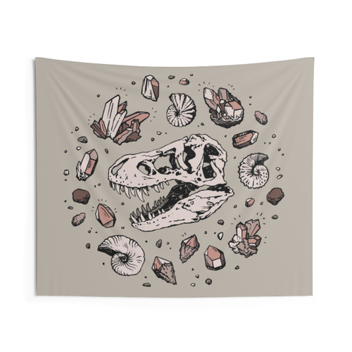 Geo-Rex Vortex Tapestry with Detailed Dinosaur Skull Fossil Art