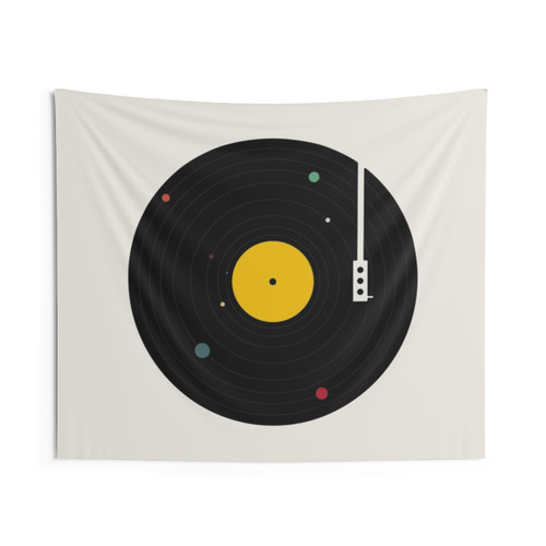 Cosmic Music Tapestry featuring planets, galaxy, and retro vinyl record player