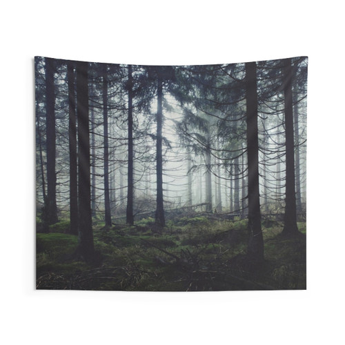 Mystical Forest Tapestry with Trees, Fog, and Romantic Atmosphere