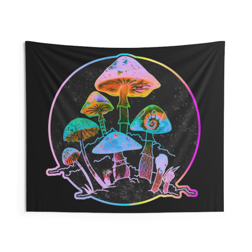 Vibrant mushroom tapestry with psychedelic patterns
