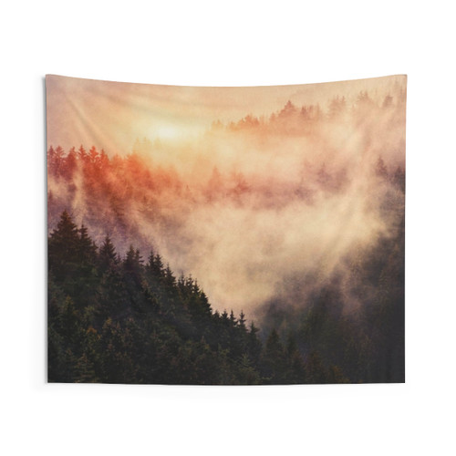 Romantic misty autumn forest tapestry with trees covered in fog and sunlight