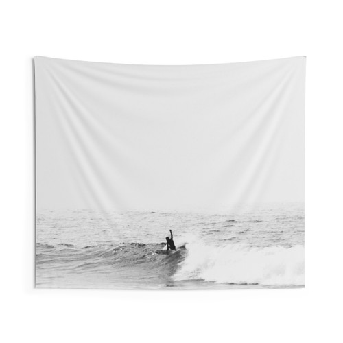 Surfer on Wave Black and White Tapestry