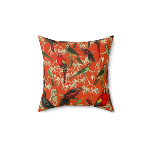 Vibrant bird pattern tropical throw pillow in orange