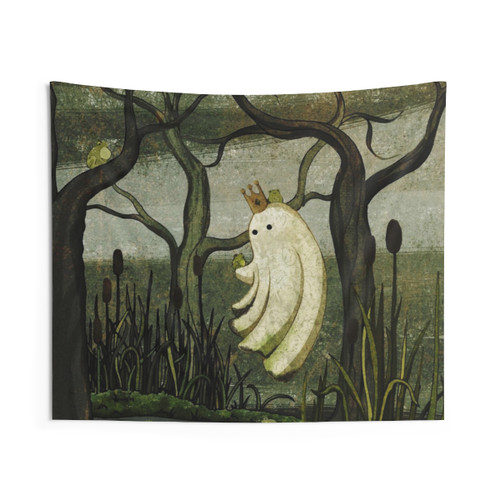 Frog Prince Tapestry featuring a whimsical scene with a frog, mushrooms, and moss