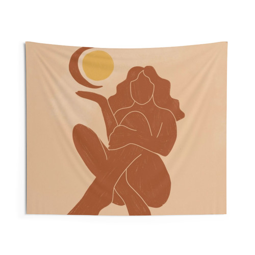 Minimalist Bohemian Woman Tapestry Featuring the Sun, Moon, and a Nude Female Figure
