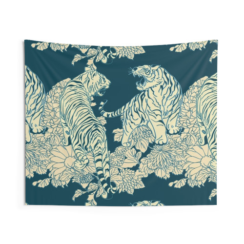 Teal and Cream Floral Tiger Tapestry