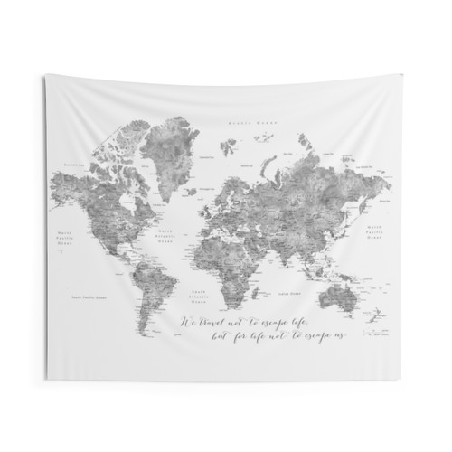 Detailed world map tapestry with travel quote