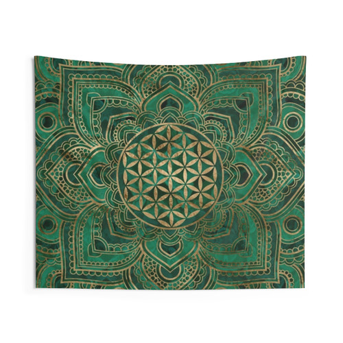 Flower of Life Lotus Tapestry in Malachite and Gold