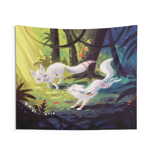 Cute Follow Me Tapestry with Fox Cub in Forest