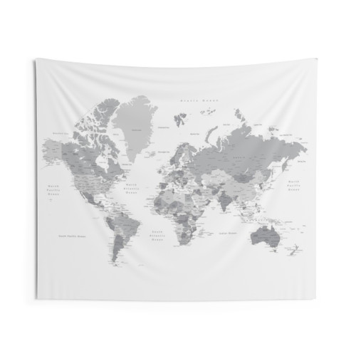 Gray World Map Tapestry with Cities and Countries