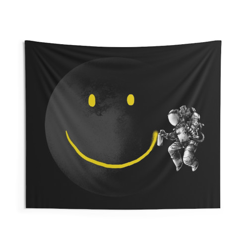 Surreal space-themed tapestry with a smiling face