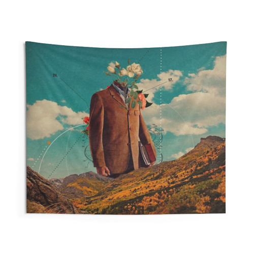 Retro collage tapestry featuring a surreal landscape with a man, mountains, and floral elements