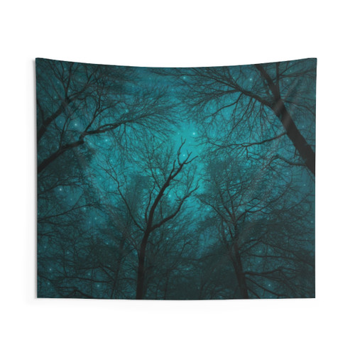 Galactic Night Sky Tapestry with Teal Blue Nebula and Tree Branches