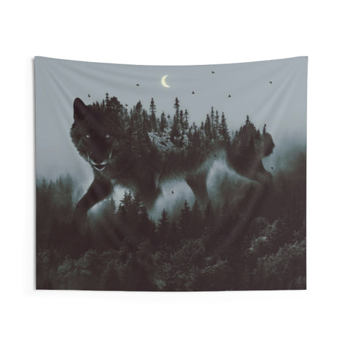Surreal Noctivagant Tapestry with Gray Wolf in Forest Scene
