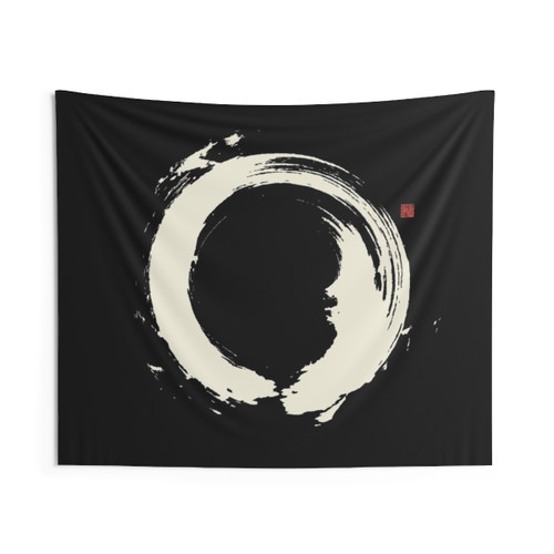 Black Zen Circle Tapestry with Japanese Brush Stroke Design