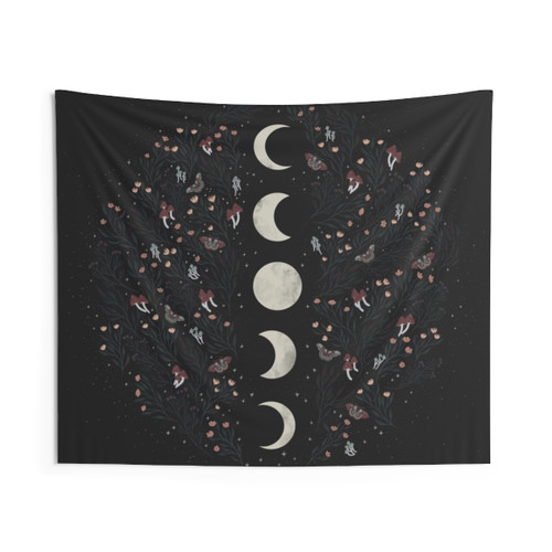 Celestial Botanicals Tapestry with Moon Phases, Stars & Floral Designs