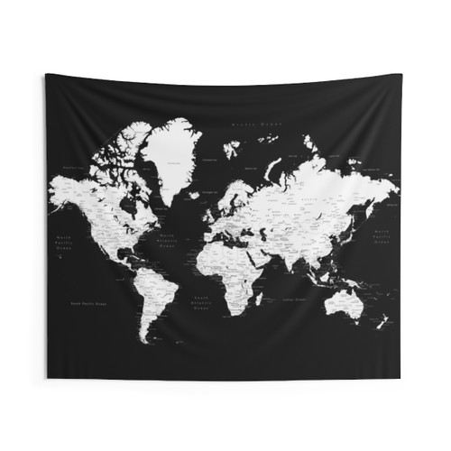 Black and White World Map Tapestry
