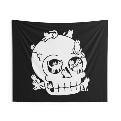Skull Tapestry with Cute Cats Doodle Design
