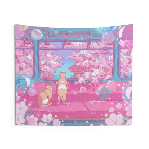 Cute cats on a train tapestry with soft color aesthetic