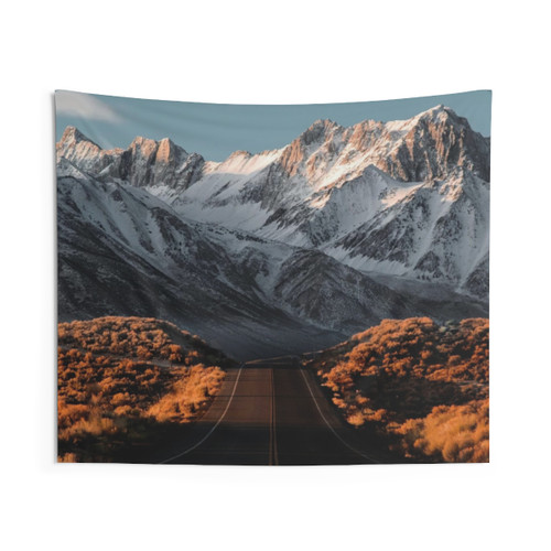 Mountain Tapestry Wall Hanging with Hiking and Adventure Imagery
