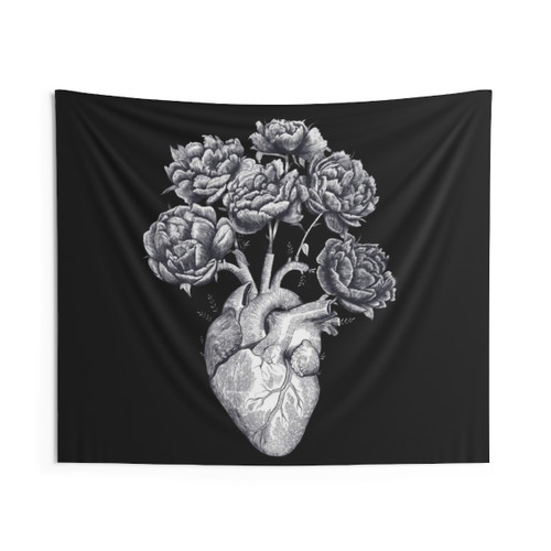 Heart with Peonies Black and White Tapestry