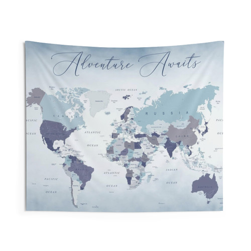 Adventure Awaits World Map Tapestry in Blue