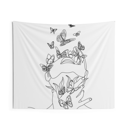 Abstract Minimalist Tapestry with Butterfly Line Art Portrait