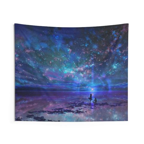 Romantic Space Art Tapestry with Ocean, Stars, and Sky