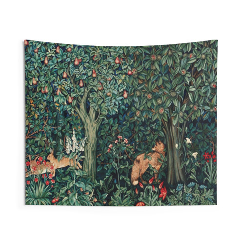 Floral Tapestry with Forest Animals - Green & Blue Woodland Wall Hanging