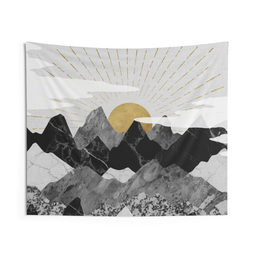 Sun Rise Marble Tapestry - Surreal Landscape with Mountain Peaks and Sunrise