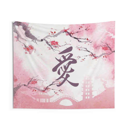 Japanese Symbol of Love Tapestry with Cherry Blossoms
