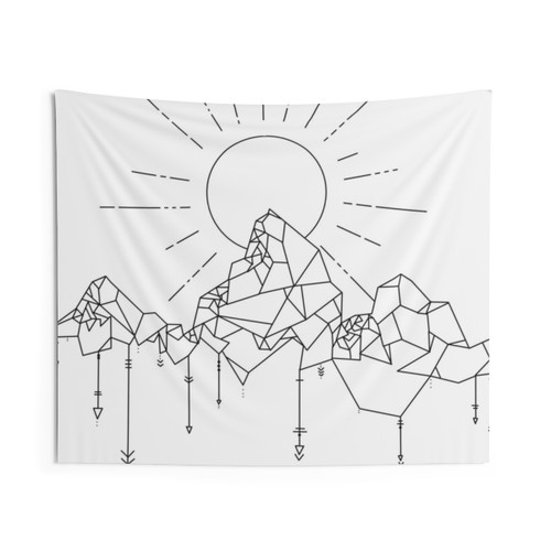 Geometric Mountain Sun Arrows Black and White Line Art Tapestry