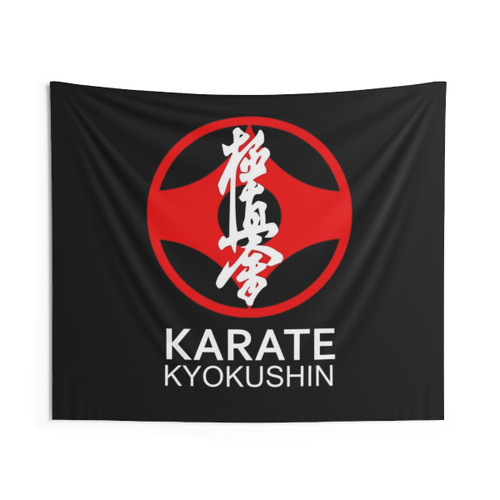 Kyokushin Karate Symbol and Kanji White Text Tapestry