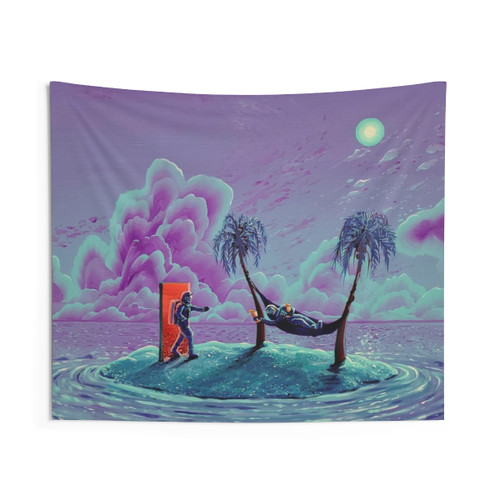Trippy Beach Tapestry with Astronauts and Surreal Imagery