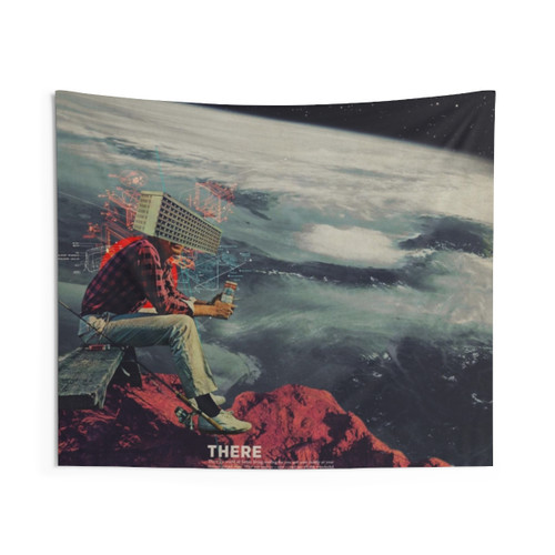 Retro Escape Tapestry featuring a surreal collage landscape