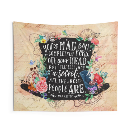 Enchanting Mad Hatter Themed Tapestry with Floral and Steampunk Elements