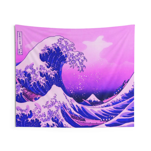 Pink Japanese Vaporwave Tapestry featuring the Great Wave off Kanagawa