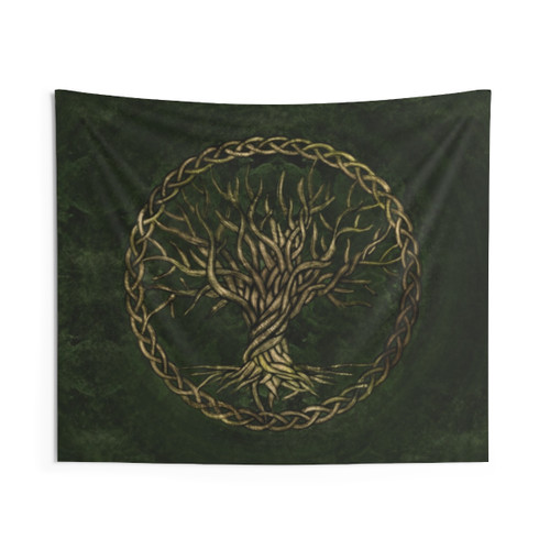 Tree of Life Yggdrasil Tapestry in Green and Gold
