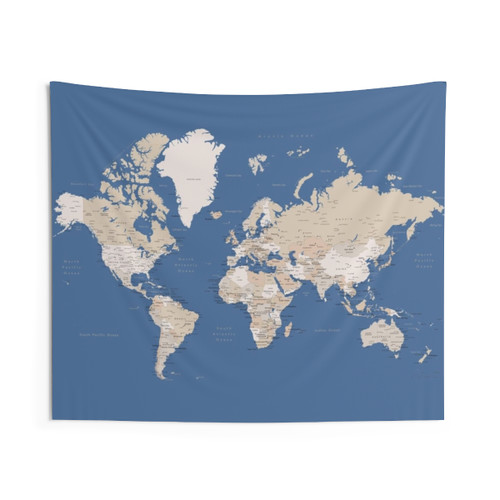 Detailed World Map Tapestry in Blue and Brown
