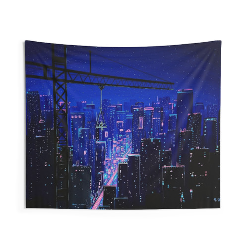 Early Riser 2 Cyberpunk Tapestry featuring a futuristic cityscape and astronaut