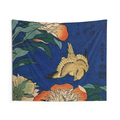 Japanese Art Tapestry by Hokusai - Canary & Peony