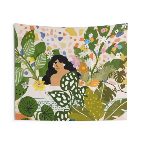 Botanical Bathing Tapestry with Colorful Watercolor Plant Motifs
