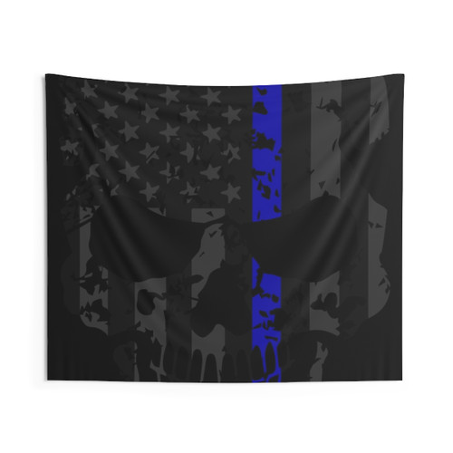 Thin Blue Line Police American Flag Distressed Skull Tapestry