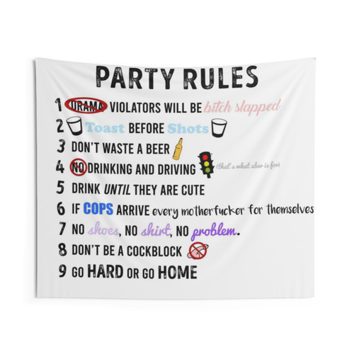 College Dorm Tapestry with Party Rules Design