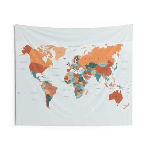 Detailed World Map Tapestry in Burnt Orange & Teal