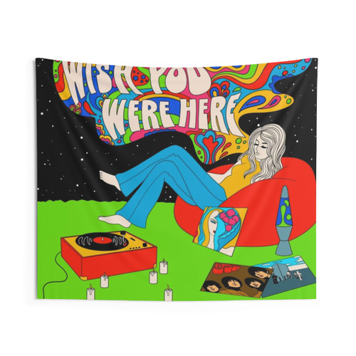 Retro Psychedelic Tapestry with Vinyl Records and Groovy Patterns