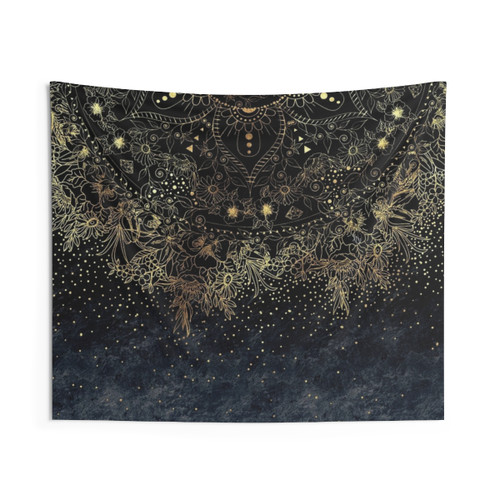 Blue and Gold Mandala Floral Tapestry