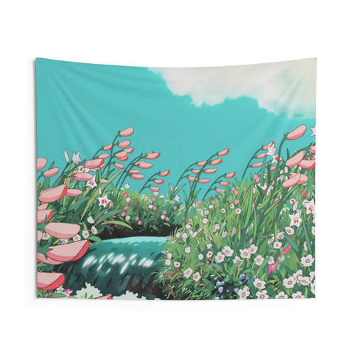 Anime Scenery Flowers River Tapestry