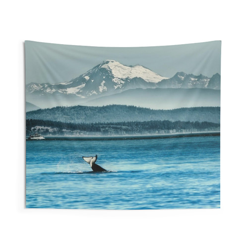 Orca Whale Tapestry with Mount Baker Backdrop