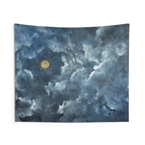 Magical night sky tapestry with gold moon and stars